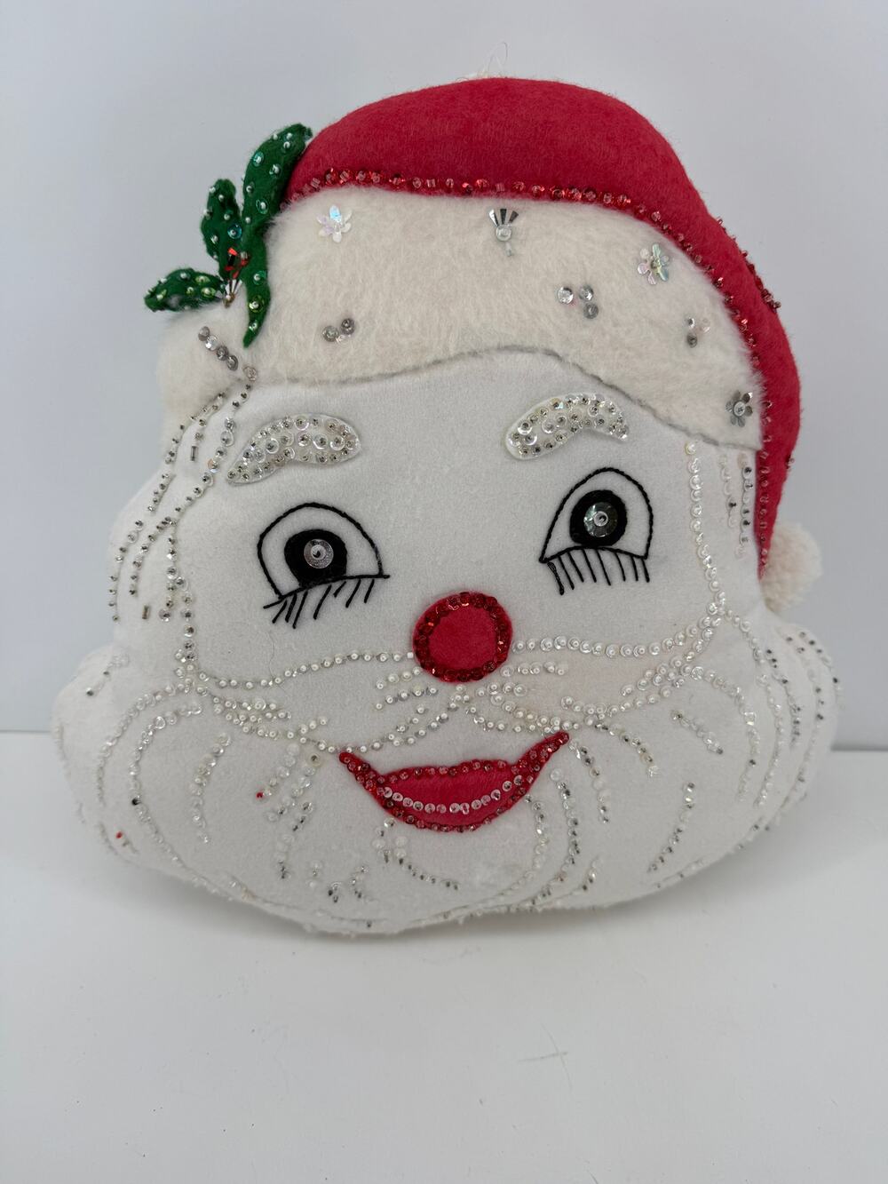 Handmade Santa Face Pillow Door Hanger Beaded Sequined Christmas Decor 14x14